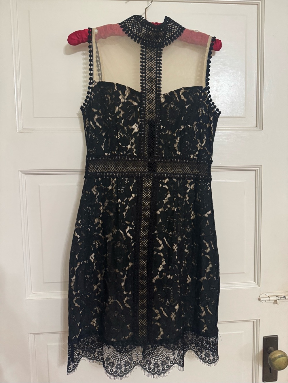 JustFab Black Lace Mini Dress with Nude Illusion Yoke